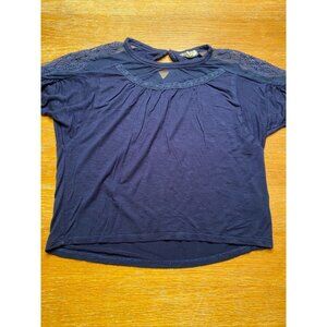 Navy Blue Lace Trim Girls Top With Keyhole Back Design